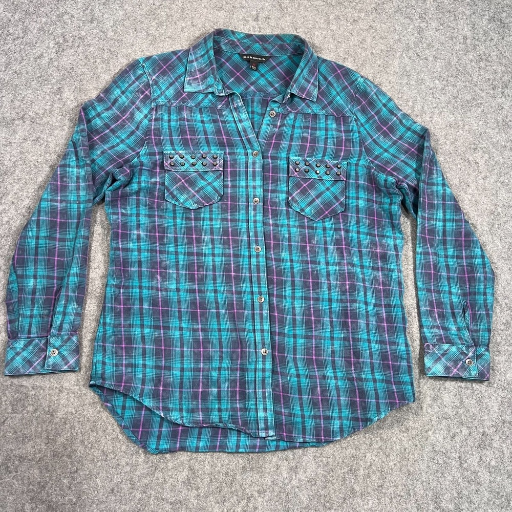 Rock & Republic Blue Purple Plaid Long Sleeve Button Up Shirt Womens Size Medium